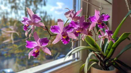 Close-up photo of purple and pink orchids hanging on a windowsill, which looks unusual and beautiful.