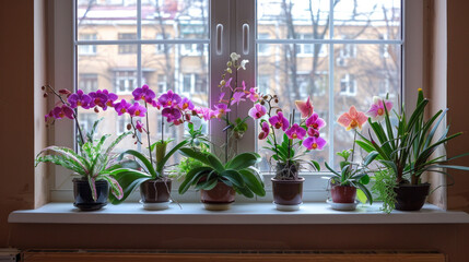Close-up photo of purple and pink orchids hanging on a windowsill, which looks unusual and beautiful.