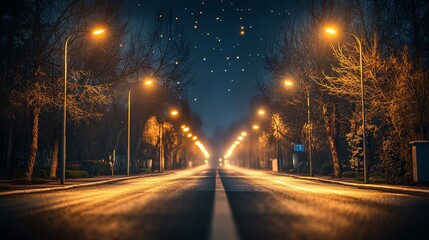 Night road scene with lanterns and streetlights.