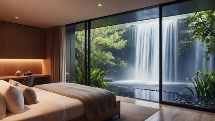 This modern luxury bedroom offers a serene retreat that seamlessly blends elegance with nature. The spacious room features a panoramic glass window that frames a breathtaking view of a misty.