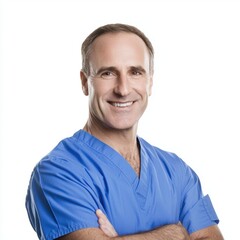 A smiling male doctor in blue scrubs stands with arms crossed, conveying professionalism and approachability.