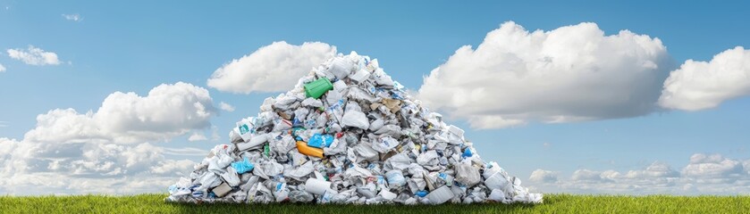 A large mound of crumpled paper and various waste materials sits on green grass under a clear blue sky with fluffy clouds.