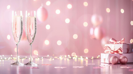 Luxurious celebration with champagne, two glasses, gift boxes and sparkling decorations on a pink background.