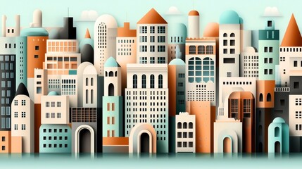 Abstract geometric cityscape with various pastel-colored buildings featuring diverse architectural styles and shapes, including arches, domes, and windows, against a light background.