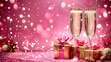 Luxurious celebration with champagne, two glasses, gift boxes and sparkling decorations on a pink background.