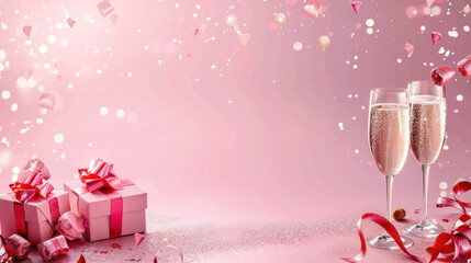 Luxurious celebration with champagne, two glasses, gift boxes and sparkling decorations on a pink background.