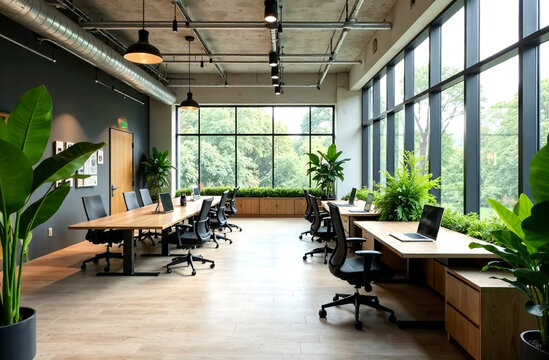 A modern open office with lush greenery, blending natural elements and technology to create a productive, eco-friendly workspace that promotes creativity, well-being, and sustainable work culture