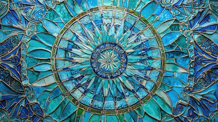 Close-Up of Hand-Painted Ceramic Tiles Featuring Intricate Patterns in Vibrant Blues and Greens, Ideal for Art and Home Decor Projects