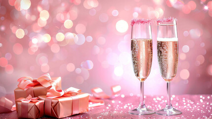 Luxurious celebration with champagne, two glasses, gift boxes and sparkling decorations on a pink background.