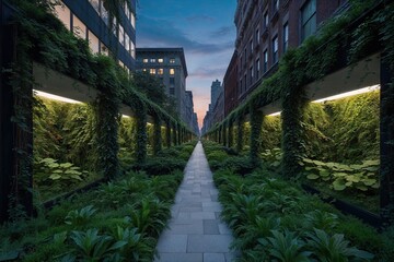 Obraz premium Exploring the Enchanted Urban Greenery Maze at Dusk for Hidden Growth Paths