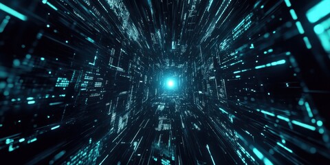 Naklejka premium Bright streaks of blue and turquoise light extend outward, simulating the sensation of rapid movement through a digital universe, creating an immersive effect that captures the imagination.