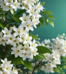 Obraz premium Fresh white jasmine blossoms combined with spring flowers and green leaves on a colorful backdrop, garden arrangement, colorful collage, decorative texture, natural beauty, seasonal flowers