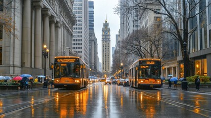 Fototapeta premium Urban scene with buses on a rainy street, showcasing a city skyline and pedestrians with umbrellas.