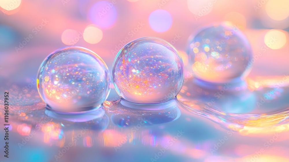 Aufkleber three iridescent orbs rest on a pastel surface
