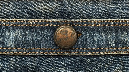 Detailed Close-Up of a Denim Waistband Featuring a Weathered Metal Button and Subtle Fading Patterns for Fashion and Textile Exploration