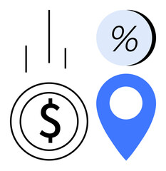 Dollar sign inside a circle, upward trend arrows, percentage symbol in blue circle, and blue location marker. Ideal for finance, economics, investments, savings, banking, business strategies, market