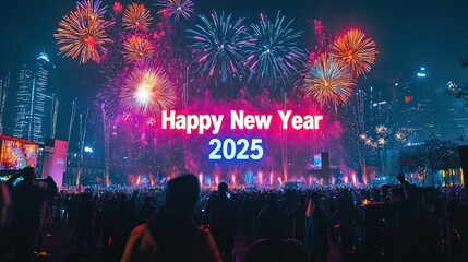 Multi-colored fireworks creating the text "Happy New Year 2025" over a packed outdoor festival.