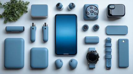 Elegant arrangement features smartphone displaying vibrant interface alongside trendy wireless earbuds and stylish watch highlighting cutting edge design and technology.