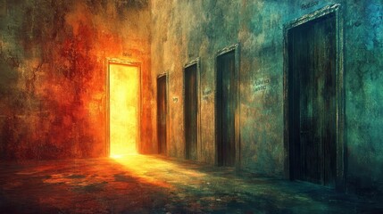 Obraz premium Elegant row of meaningful doors with inspirational labels revealing bright future through ajar entrance soft gradient lighting detailed textures symbolic journey choices