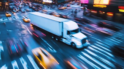 Fototapeta premium White Semi Truck Speeds Through City Night Traffic