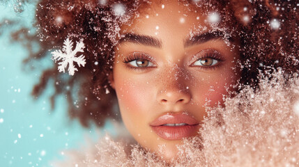 Portrait of a woman with natural curls, frosty skin, and a prominent snowflake accent, winter charm. African American girl.