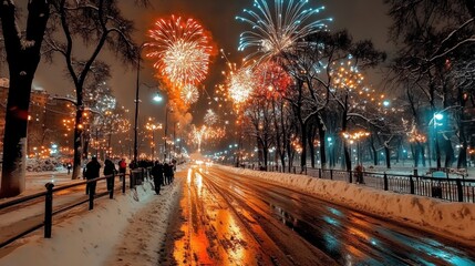 Festive Fireworks Over Snowy City Street  
