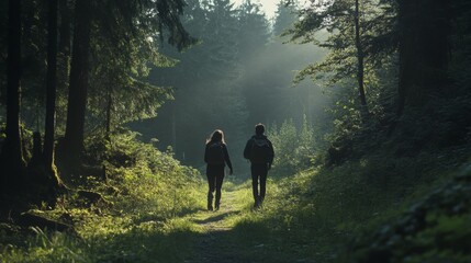 Obraz premium Joyful couple enjoying a peaceful morning walk in the forest with cinematic effects