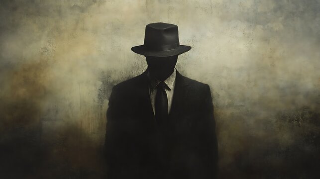 Mysterious Man In Suit And Fedora Against Grungy Background