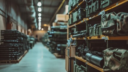 Close-Up View of Military Equipment and Weapons Stored in a Warehouse, Featuring Shelves Filled with Tactical Gear and Firepower for Defense and Security Operations