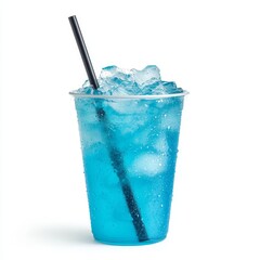 Plastic cup filled with vibrant blue energy drink, small chunks of ice floating throughout, a black reusable straw piercing through a flat lid, cup exterior glistening with condensation, white