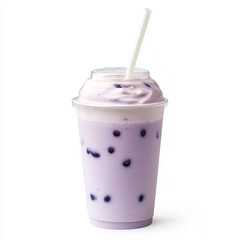 Matte plastic cup containing creamy taro milk, soft purple hues swirled with white, tapioca pearls settled at the bottom, a fat boba straw inserted through a dome lid, light reflections visible,