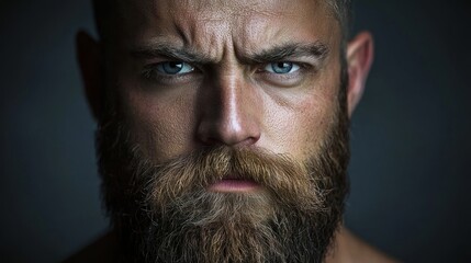 Obraz premium A close-up of a man with a beard and a serious expression, emphasizing strength and character