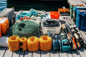 Fishing gear spread out on dock in sunlight