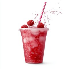 Shiny plastic cup with sparkling raspberry lemonade, fizzing bubbles concentrated around floating raspberries, a striped pink straw piercing through a flat lid, subtle droplets forming, white