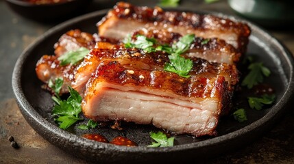 An elegant plate featuring crispy pork belly slices, garnished with fresh herbs and a drizzle of sweet chili sauce, presented against a rustic background to highlight the dish's appeal.