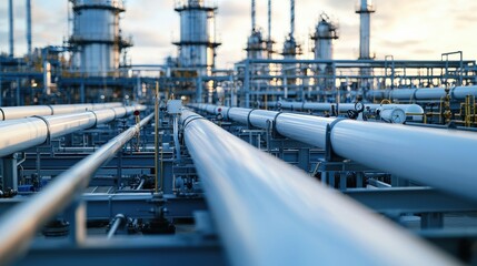 A network of industrial pipelines leads toward towering structures in a refinery, capturing the essence of energy production and infrastructure.