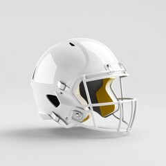 Fototapeta premium A football helmet with a sleek design, a shiny visor, and padding inside, set on a plain white background to highlight the protective features and aerodynamic shape of the helmet, Photorealistic