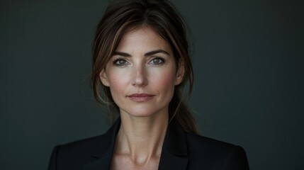 Fototapeta premium A close-up of a woman in business attire, looking directly at the camera with a serious yet approachable expression