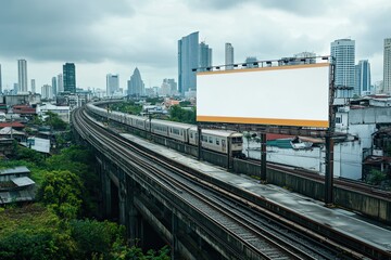 Fototapeta premium Blank billboard on a railway bridge with trains passing below and a panoramic city view.