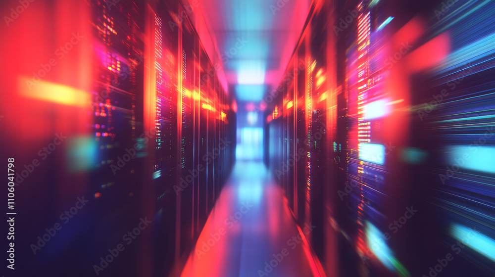 Poster High-speed data center with servers processing and transferring information rapidly