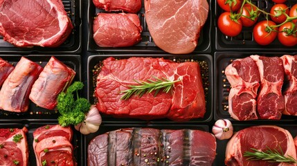 Variety of fresh red meat cuts at a supermarket display. Butcher offers standard meat and poultry cuts for retail or wholesale. Blank area.