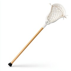 A lacrosse stick with a mesh pocket and solid shaft, shown on a white background to highlight its lightweight and durable design, Photorealistic