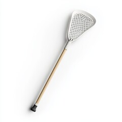 A lacrosse stick with a mesh pocket and solid shaft, shown on a white background to highlight its lightweight and durable design, Photorealistic