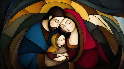Holy Family in Stained Glass Art with Warm Emotions in Colorful Design
