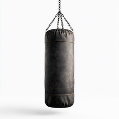 A punching bag with a textured surface and sturdy chains, positioned on a white background to highlight its heavy-duty construction, Photorealistic