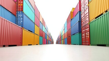 Fototapeta premium A colorful array of shipping containers lined up in a storage area, creating a vibrant industrial landscape.