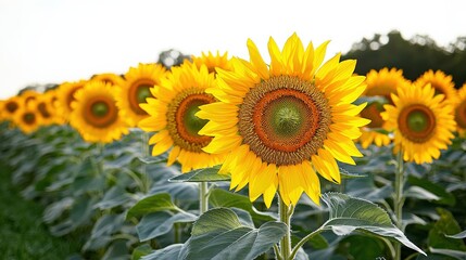 Fototapeta premium A vibrant field of sunflowers stretches towards the sky, showcasing their bright yellow petals and rich green leaves under soft sunlight.