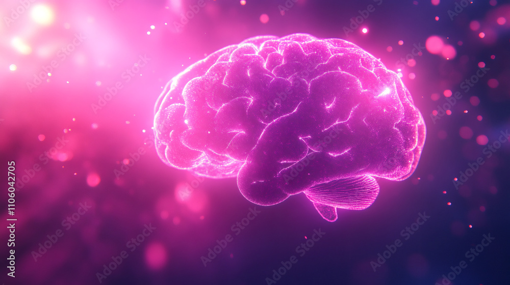 Aufkleber artificial intelligence concept with a pink glowing human brain emitting light particles on a dark p