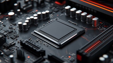 Detailed close-up view of a computer mainboard with a prominent CPU, various circuit board elements, capacitors, and connectors, plenty of space for logo insertion, sleek and professional design,