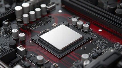 Fototapeta premium Detailed view of a CPU and surrounding mainboard with modern design, visible capacitors and connectors, ample space for logo, Photorealistic